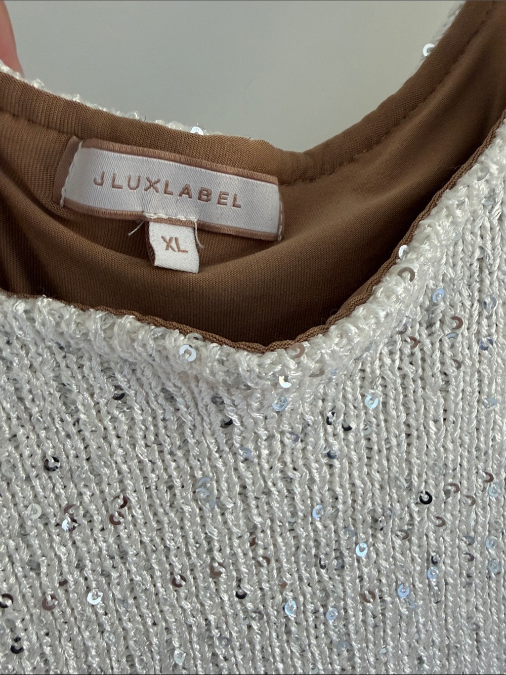 JLUXLABEL White Sequin Mini Slip Dress with Draped Rosette - Picture 2 of 4